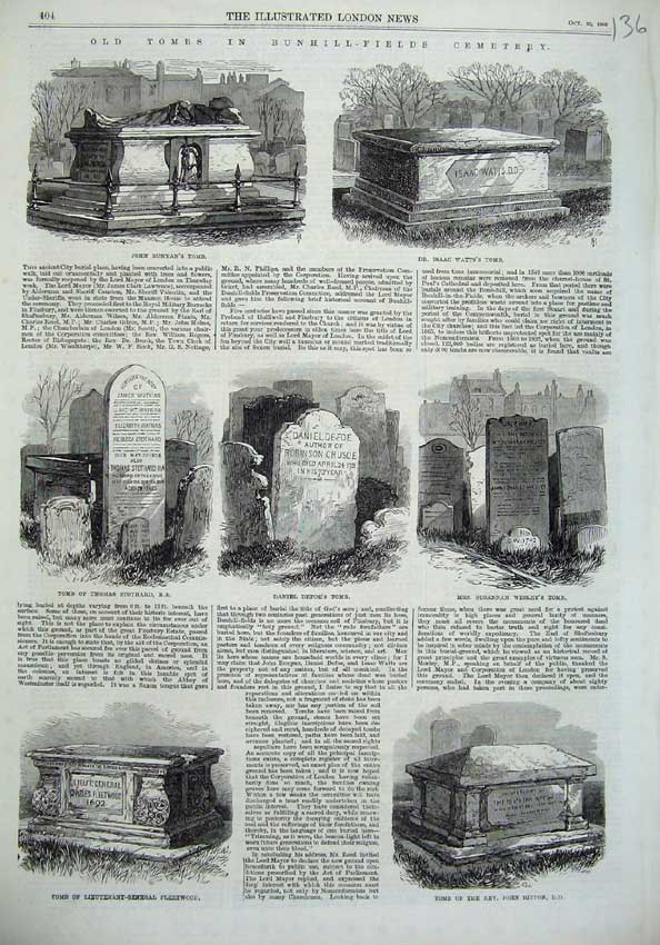 Original Old Antique Print Tombs Bunhill 1869 Bunyan Watt Daniel Defoe Stothard