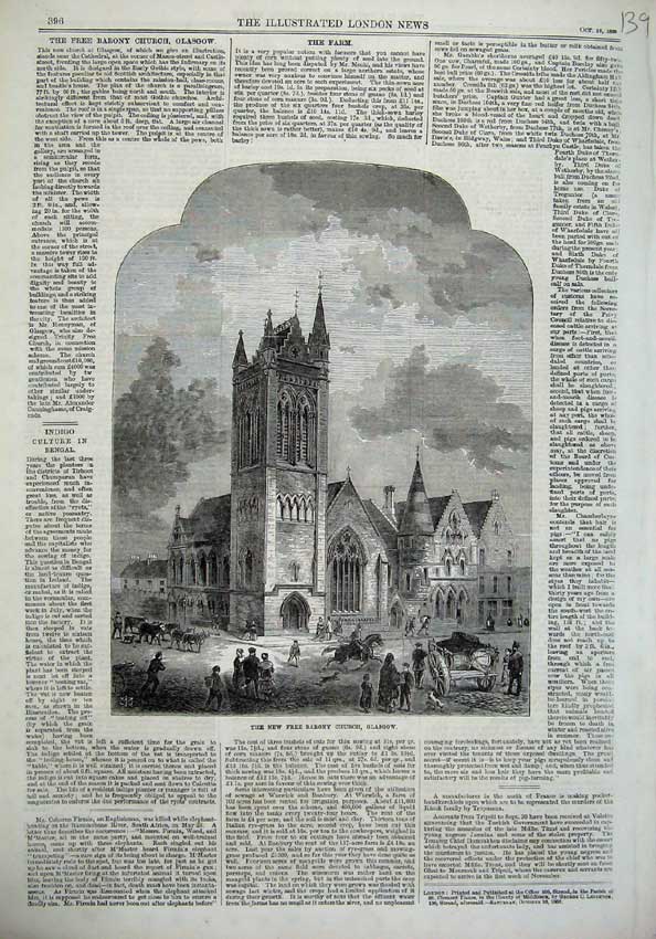Old Antique Print 1869 Exterior New Free Barony Church Glasgow Fine Art 19th