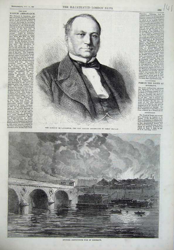 Old Antique Print Marquis Lavalette French Ambassador 1869 Bordeaux River 19th