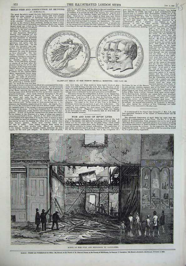 Original Old Antique Print Scene Fire Bayswater 1869 Planetary Medal French