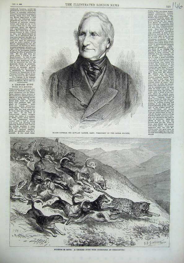Original Old Antique Print 1869 Edward Sabine Hunting India Leopard Ootacamund