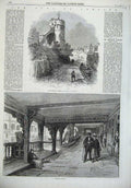 Original Old Antique Print 1869 Phoenix Tower City Walls Chester Watergate-Row