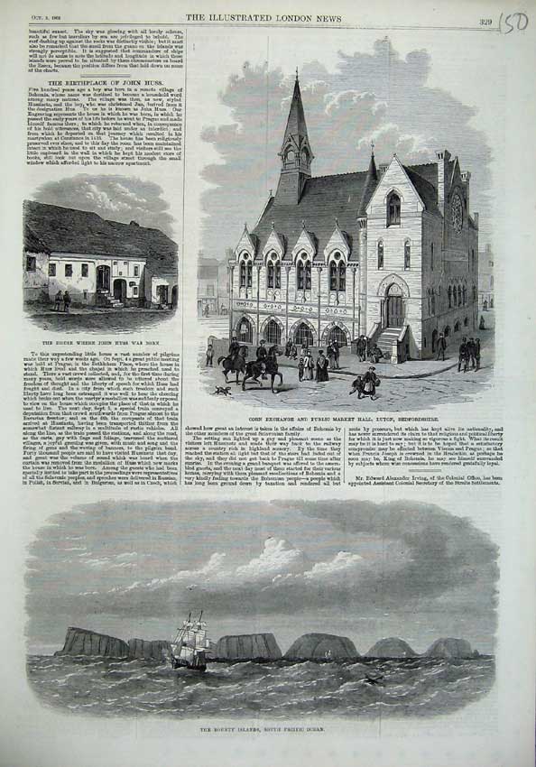 Original Old Antique Print Bounty Islands Pacific Ocean 1869 Corn Exchange Huss