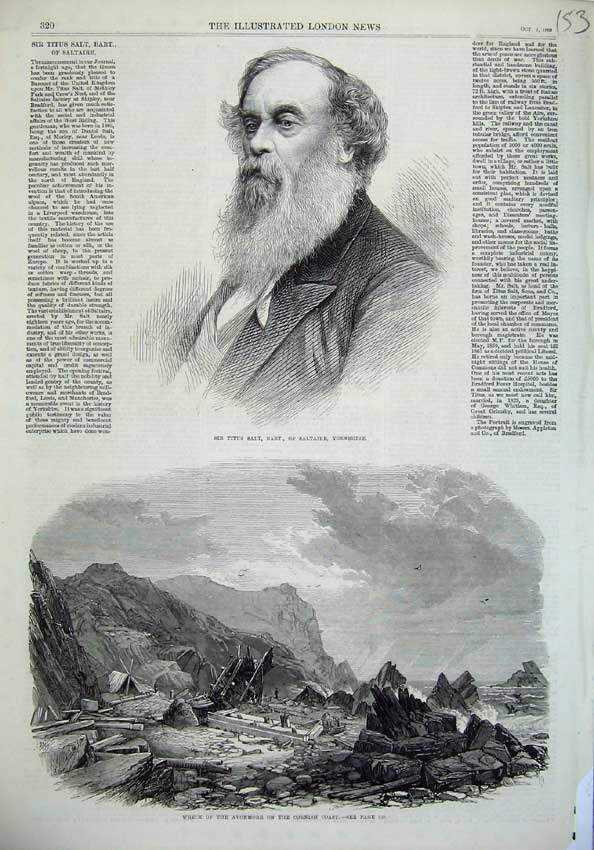 Old Antique Print Titus Salt Yorkshire 1869 Wreck Ship Avonmore Cornish 19th