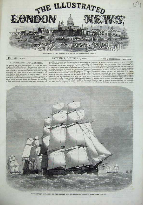 Old Antique Print 1869 Ships Race Channel Mediterranean Fleet Sailing Sea 19th