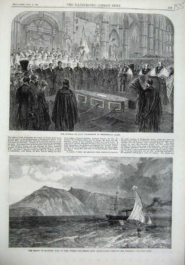 Original Old Antique Print Funeral Lady Palmerston Westminster1869 Shadwan Suez