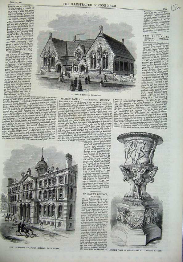 Old Antique Print Mary'S School Leicester Buildings Halifax 1869 Vase Art 19th