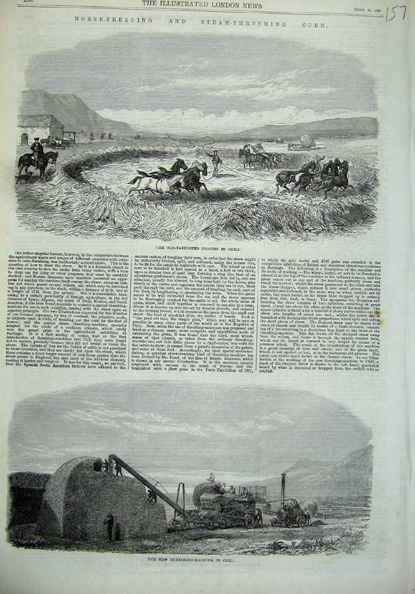Old Antique Print 1869 Threshing Machine Chili Farming Hay Horse-Treading 19th
