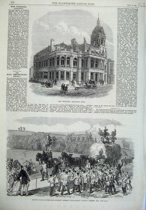 Original Old Antique Print Townhall Stratford Essex 1869 Harvest Redhill Surrey