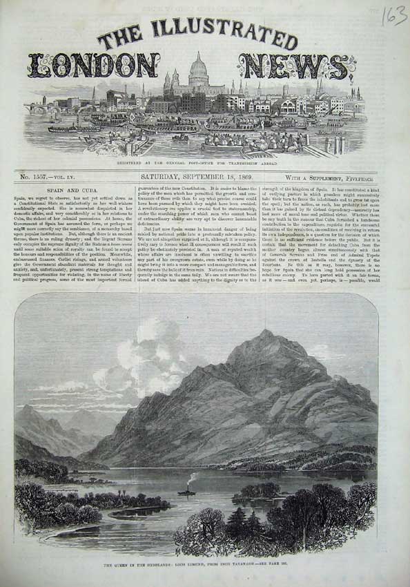 Old Antique Print 1869 Queen Scotland Loch Lomand Inch Tavanagh Mountain 19th