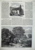 Original Old Antique Print Holy Trinity Church Wurtemberg 1869 Forest Farm Cows