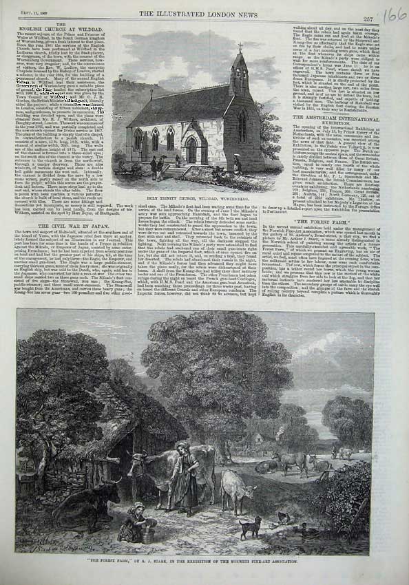 Original Old Antique Print Holy Trinity Church Wurtemberg 1869 Forest Farm Cows