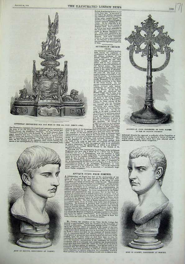 Old Antique Print Abyssinian Cross Napier 1869 Bust Brutus Pompey Pompeii 19th