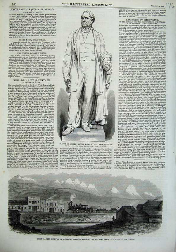 Old Antique Print Statue Joseph Mayer 1869 Union Pacific Railway America 19th
