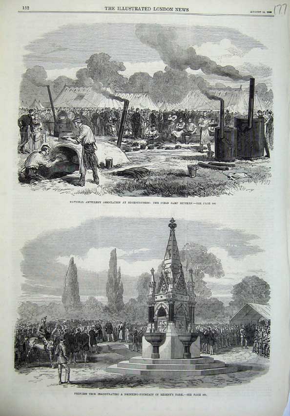 Old Antique Print Princess Teck Fountain Regent'S 1869 Shoeburyness Camp 19th