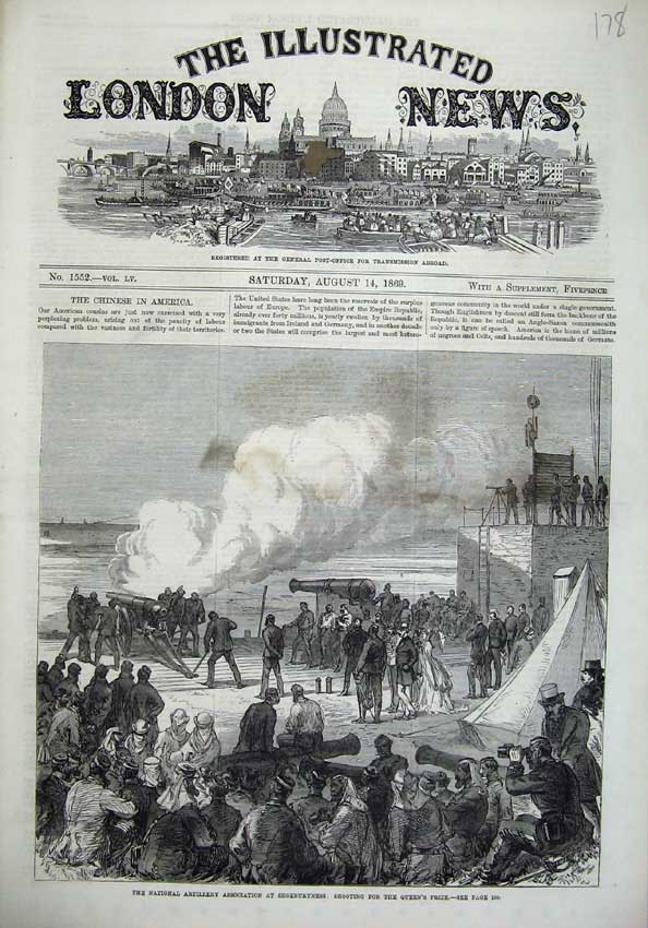 Old Antique Print 1869 Artillery Shoeburyness Canon Shooting Queen Prize 19th