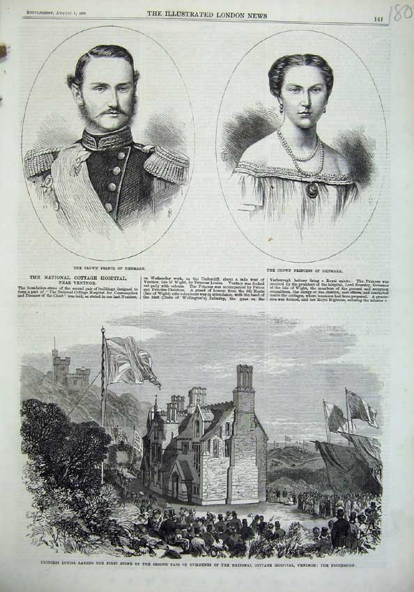 Original Old Antique Print Prince Denmark 1869 Princess Louisa Hospital Ventnor