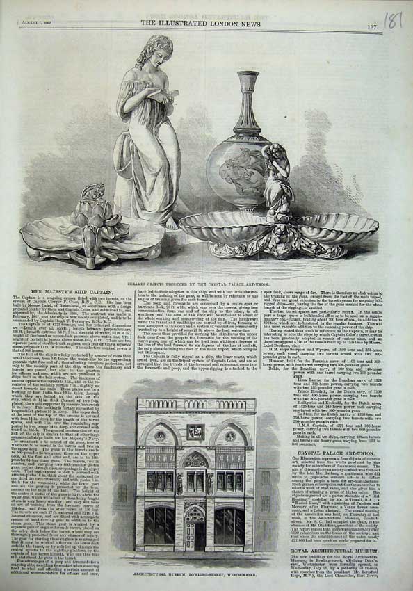 Old Antique Print Architectural Museum Westminster 1869 Ceramic Crystal 19th