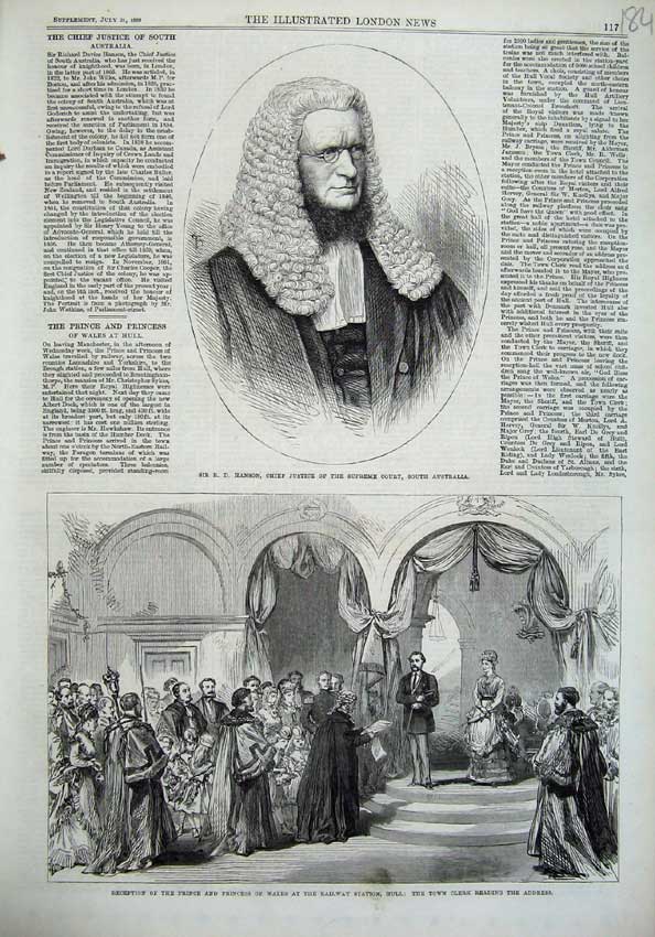 Original Old Antique Print 1869 Hanson Justice Australia Prince Wales Hull Town