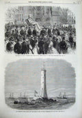 Old Antique Print Wolf Rock Lighthouse Lands-End Ship1869 Statue Peabody 19th