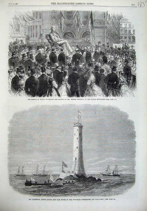 Old Antique Print Wolf Rock Lighthouse Lands-End Ship1869 Statue Peabody 19th
