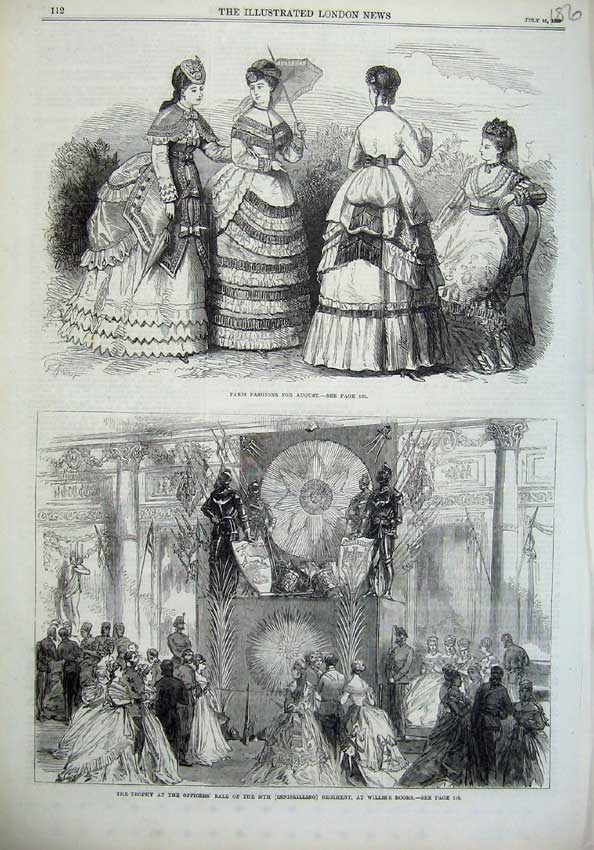 Old Antique Print Paris Fashion 1869 Trophy Officer'S Ball Willis'S Rooms 19th