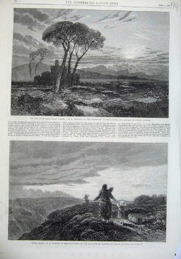 Old Antique Print 1869 Fine Art 1869 View Coast Porto D'Anzio Rome Hills 19th