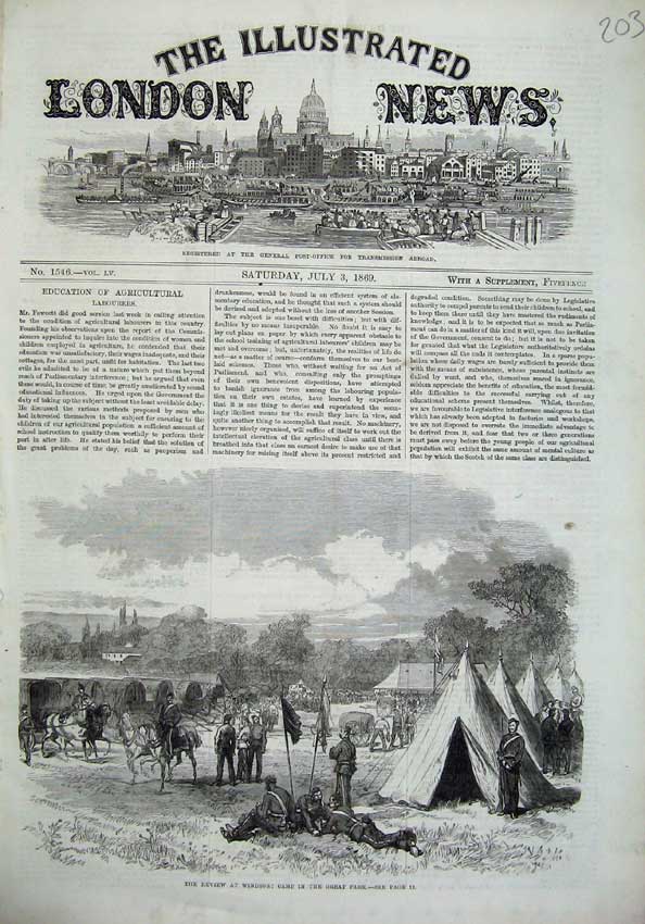 Original Old Antique Print 1869 Review Windsor Camp Great Park Army Siers Tents