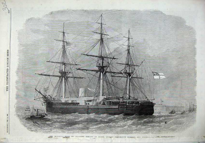 Old Antique Print 1869 Monarch Ship Peabody Portsmouth Harbour Spithead 19th