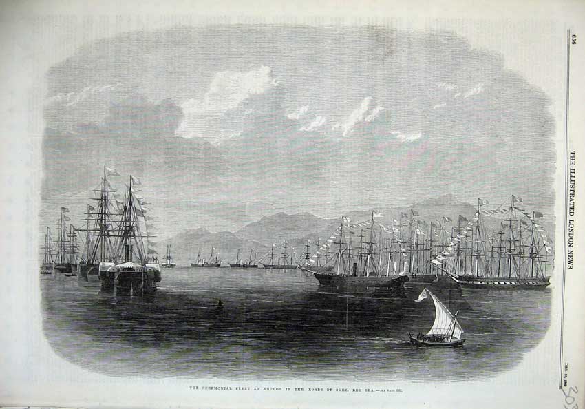 Old Antique Print 1869 Ceremonial Ship Fleet Anchor Suez Red Sea Fine Art 19th