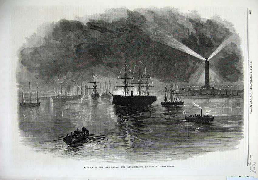 Old Antique Print 1869 Opening Suez Canal Illuminations Port Said Ships 19th