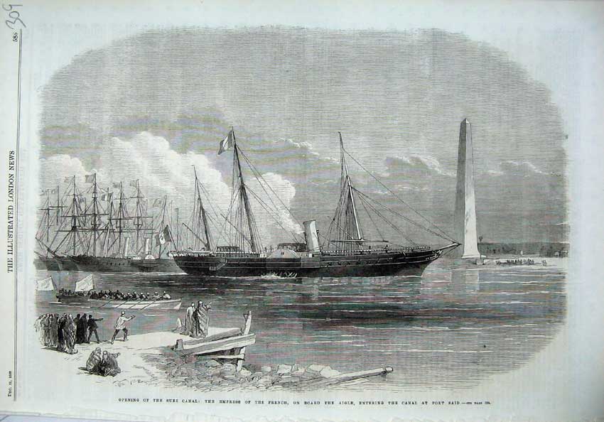 Old Antique Print 1869 Suez Canal Empress French Ship Aigle Port Said Art 19th
