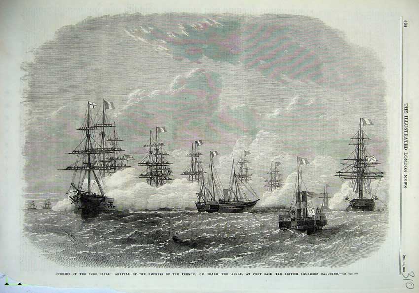 Old Antique Print 1869 Suez Canal Empress French Aigle Ship Said British 19th