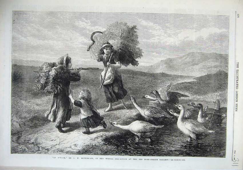 Original Old Antique Print 1869 Fine Art Children Country Attacked Geese Scythe