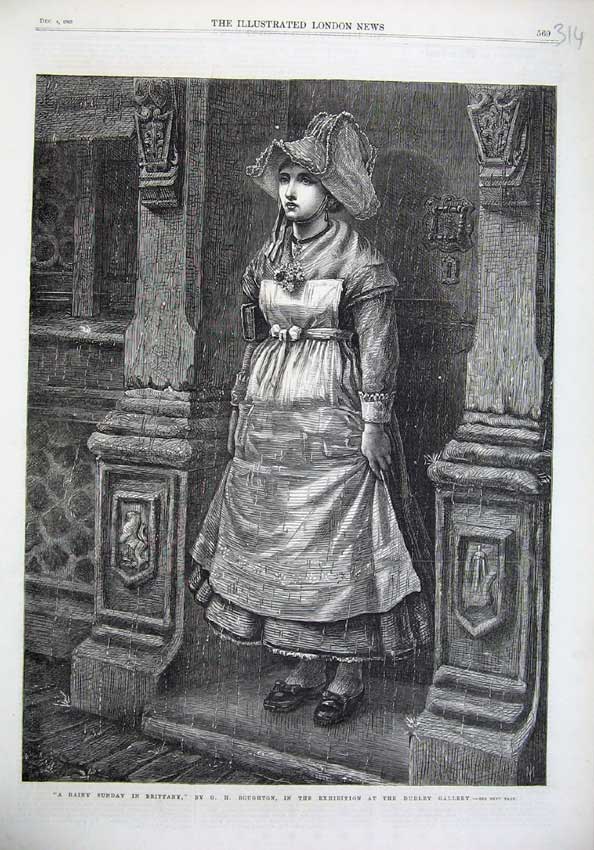 Original Old Antique Print 1869 Rainy Brittany France Young Woman Doorstep Art