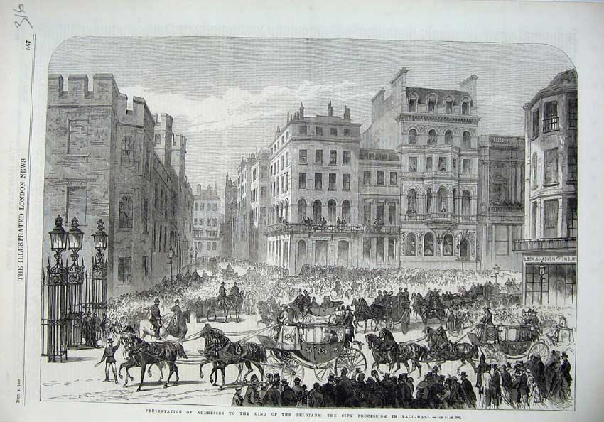 Original Old Antique Print King Belgians Procession Pall-Mall London Horse 1869