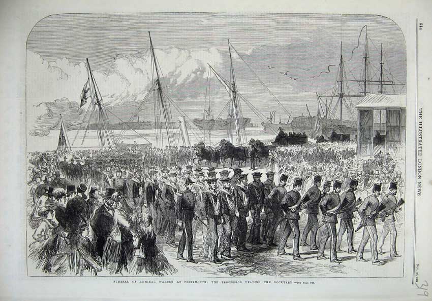 Original Old Antique Print 1869 Funeral Admiral Warden Portsmouth Dockyard Ship