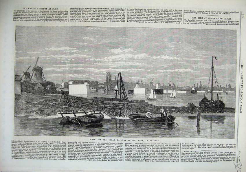 Old Antique Print 1869 Works Great Railway Bridge Dort Holland Windmills 19th