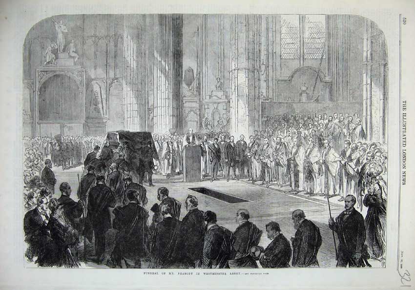Original Old Antique Print 1869 Fine Art Funeral Mr Peabody Westminster Abbey