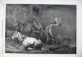 Old Antique Print Fine Art 1869 Horses Stable Man Clearing Straw Morland 19th