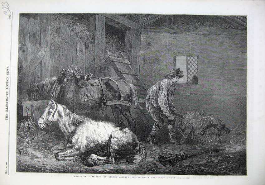 Old Antique Print Fine Art 1869 Horses Stable Man Clearing Straw Morland 19th