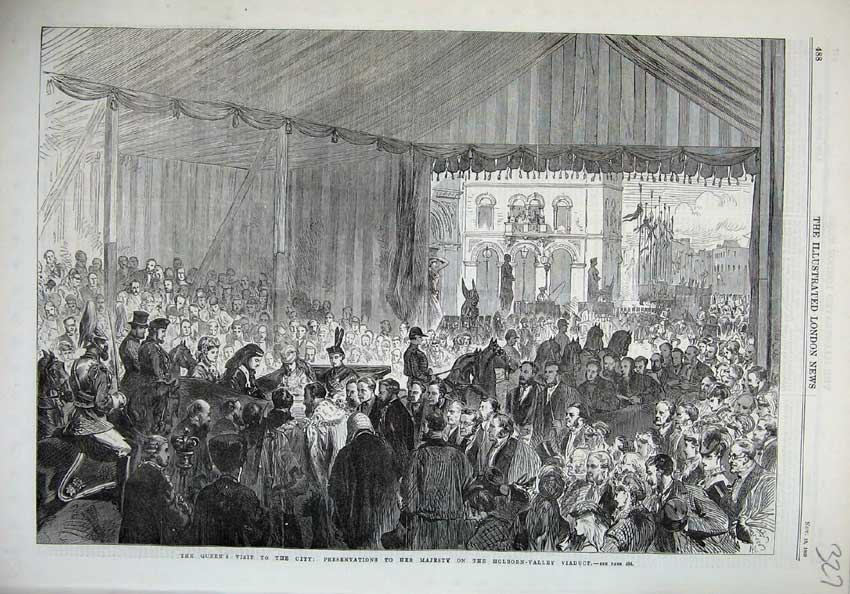 Old Antique Print 1869 Queen London Holborn Valley Viaduct Horse Carriage 19th