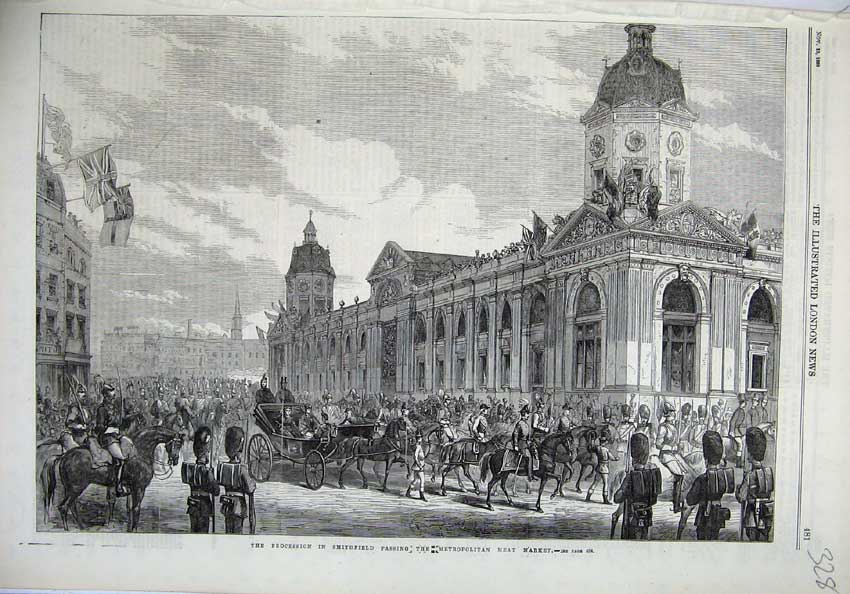 Old Antique Print 1869 Procession Smithfield Metropolitan Meat Market Art 19th