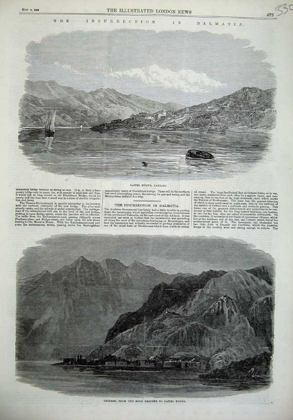 Old Antique Print 1869 Cattaro Castel Nuovo Mountains Dalmatia Fine Art 19th