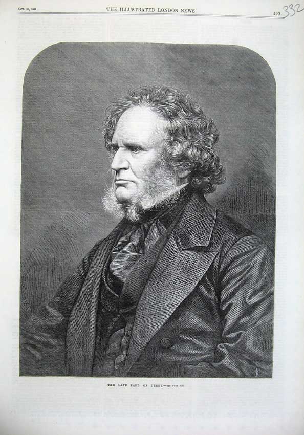 Original Old Antique Print 1869 Fine Art Portrait Earl Derby Man 19th