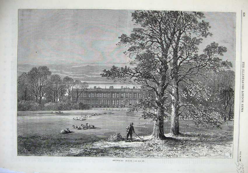 Original Old Antique Print 1869 Exterior View Knowsley House Mansion Sheep 19th