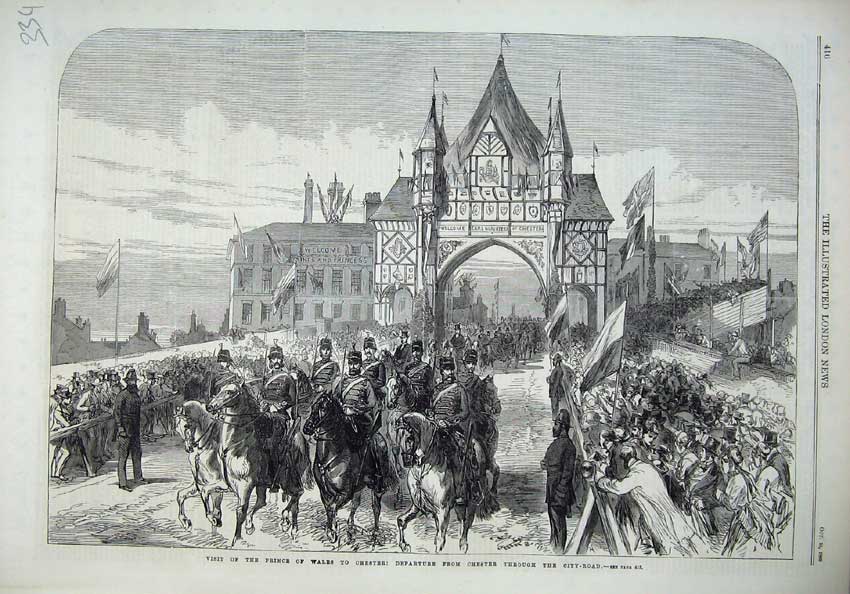 Original Old Antique Print Prince Wales Chester 1869 City Road Horses Siers Art