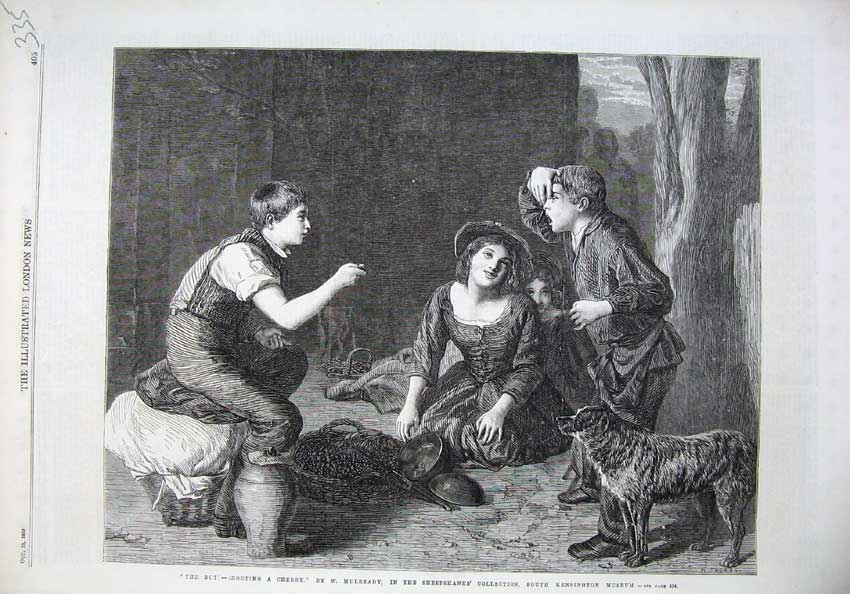 Old Antique Print Fine Art 1869 Children Playing Games Fruit Basket Dogs 19th