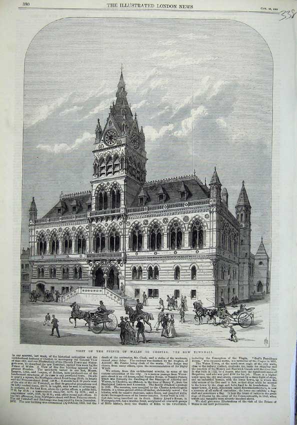 Old Antique Print 1869 Prince Wales Chester Townhall Exterior Horse Coach 19th