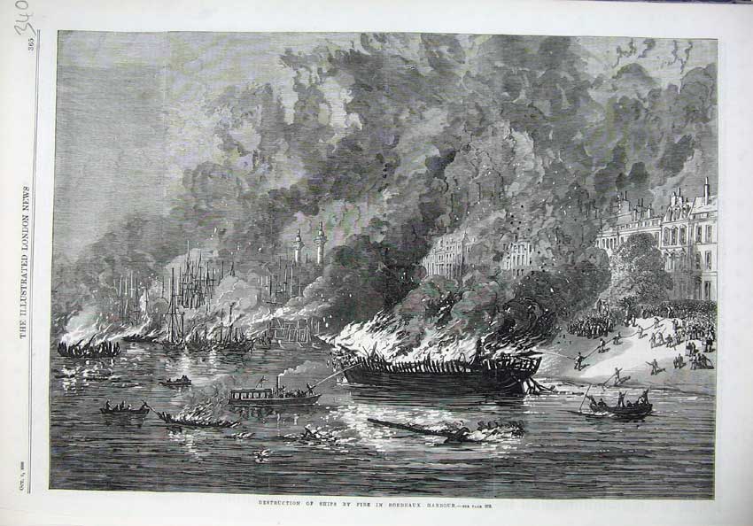 Old Antique Print Fine Art 1869 Ships Destruction Fire Bordeaux Harbour 19th
